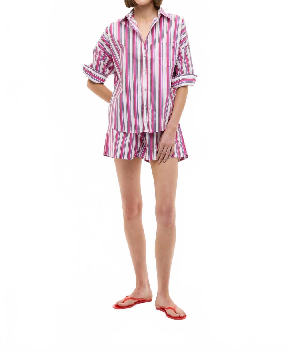 NEW LMND chiara long sleeve shirt in fuschia multi stripe
